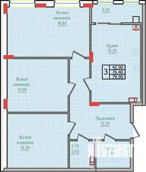 3-к квартира, строящийся дом, 80м2, 1/10 этаж