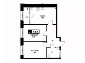 2-к квартира, вторичка, 62м2, 2/12 этаж