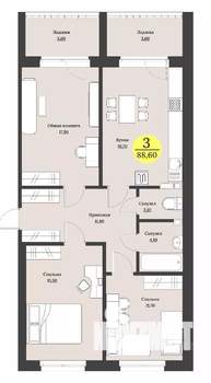 3-к квартира, строящийся дом, 89м2, 9/12 этаж