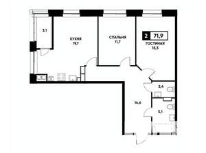 2-к квартира, вторичка, 72м2, 19/20 этаж