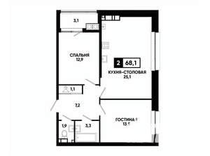1-к квартира, вторичка, 68м2, 19/24 этаж