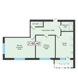 2-к квартира, вторичка, 60м2, 1/5 этаж