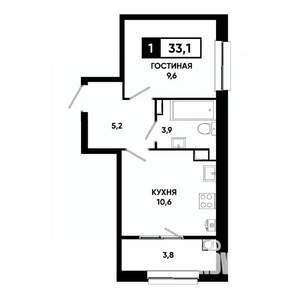 1-к квартира, строящийся дом, 33м2, 3/19 этаж