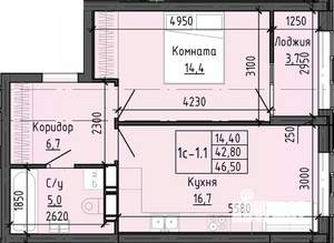 1-к квартира, вторичка, 46м2, 19/24 этаж