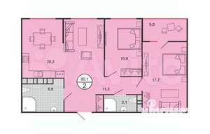 2-к квартира, вторичка, 80м2, 2/19 этаж