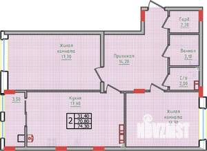 2-к квартира, строящийся дом, 74м2, 3/10 этаж