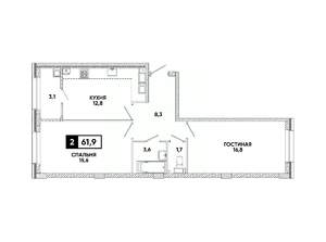 2-к квартира, вторичка, 62м2, 13/16 этаж