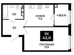 1-к квартира, вторичка, 42м2, 7/24 этаж