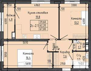 2-к квартира, вторичка, 67м2, 7/25 этаж