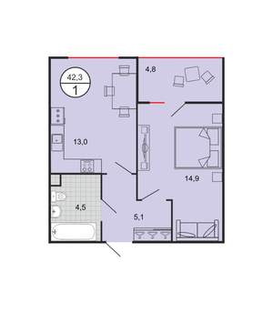 1-к квартира, строящийся дом, 41м2, 2/19 этаж