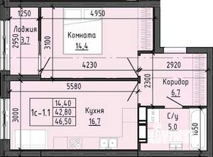 1-к квартира, вторичка, 46м2, 17/25 этаж