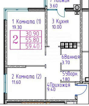 2-к квартира, вторичка, 56м2, 10/22 этаж
