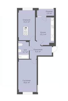 2-к квартира, вторичка, 67м2, 6/18 этаж