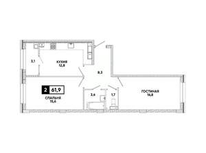 2-к квартира, вторичка, 62м2, 13/16 этаж