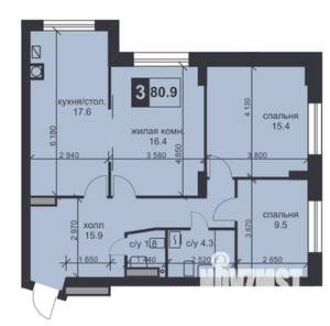 3-к квартира, строящийся дом, 81м2, 1/9 этаж