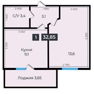 1-к квартира, вторичка, 33м2, 1/16 этаж