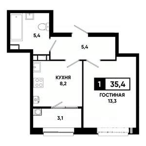 1-к квартира, строящийся дом, 35м2, 6/19 этаж