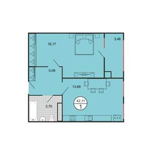 1-к квартира, строящийся дом, 42м2, 4/4 этаж