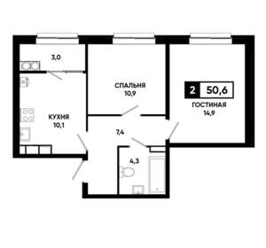 2-к квартира, вторичка, 51м2, 19/19 этаж