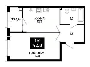 1-к квартира, вторичка, 43м2, 2/24 этаж