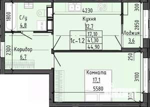 1-к квартира, строящийся дом, 45м2, 4/25 этаж