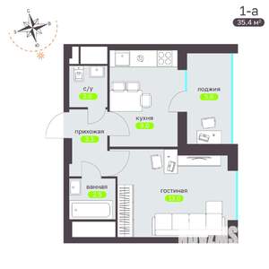 1-к квартира, вторичка, 35м2, 7/19 этаж