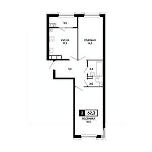 2-к квартира, вторичка, 62м2, 14/16 этаж