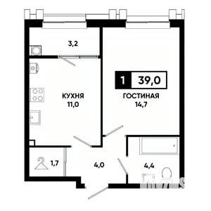 1-к квартира, вторичка, 39м2, 2/21 этаж