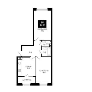 2-к квартира, вторичка, 61м2, 5/24 этаж