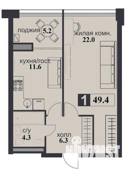 1-к квартира, строящийся дом, 49м2, 11/12 этаж