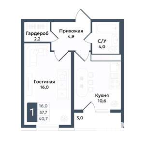 1-к квартира, вторичка, 41м2, 12/20 этаж