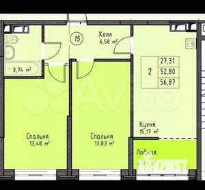 2-к квартира, вторичка, 57м2, 3/19 этаж