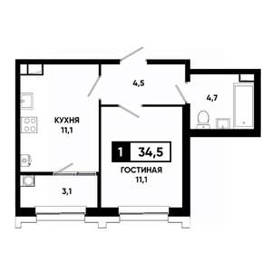 1-к квартира, строящийся дом, 35м2, 9/21 этаж