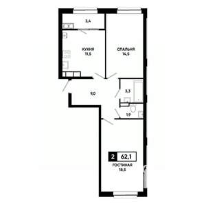 2-к квартира, вторичка, 62м2, 19/19 этаж