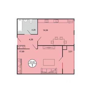 1-к квартира, строящийся дом, 44м2, 1/6 этаж