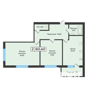 2-к квартира, вторичка, 60м2, 2/5 этаж