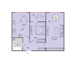 2-к квартира, вторичка, 61м2, 15/19 этаж