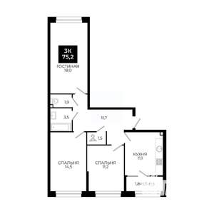 3-к квартира, вторичка, 75м2, 2/24 этаж