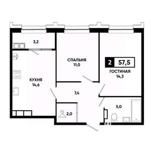 2-к квартира, строящийся дом, 58м2, 16/21 этаж