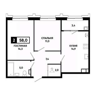 2-к квартира, вторичка, 58м2, 5/21 этаж