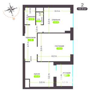 2-к квартира, вторичка, 54м2, 1/19 этаж