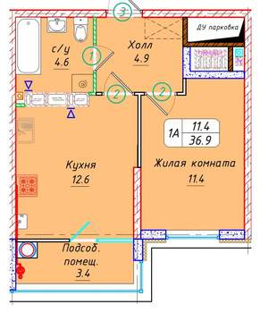 1-к квартира, вторичка, 38м2, 12/21 этаж
