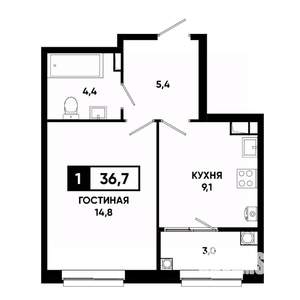 1-к квартира, строящийся дом, 37м2, 4/19 этаж