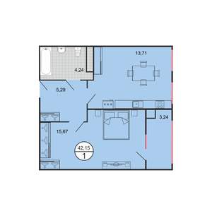 1-к квартира, строящийся дом, 42м2, 2/6 этаж