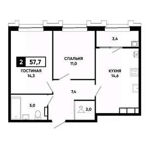 2-к квартира, строящийся дом, 58м2, 12/21 этаж