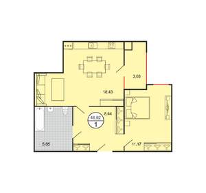 1-к квартира, строящийся дом, 47м2, 1/4 этаж