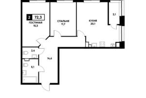 2-к квартира, вторичка, 72м2, 6/22 этаж