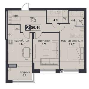 2-к квартира, строящийся дом, 80м2, 7/12 этаж