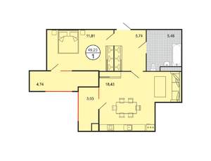 1-к квартира, строящийся дом, 49м2, 2/6 этаж