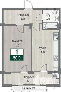 1-к квартира, строящийся дом, 51м2, 2/16 этаж